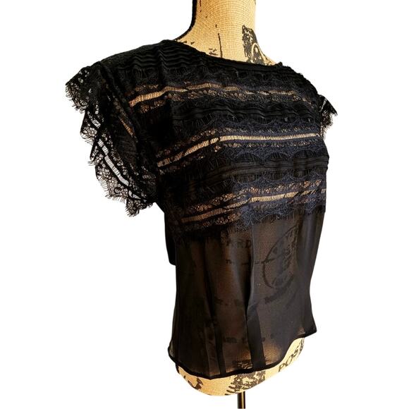 7 For All Mankind Tops - 7 For All Mankind Lace Trim Satin Flutter Sleeve Blouse Black, Y2K, NWOT, Sz XS